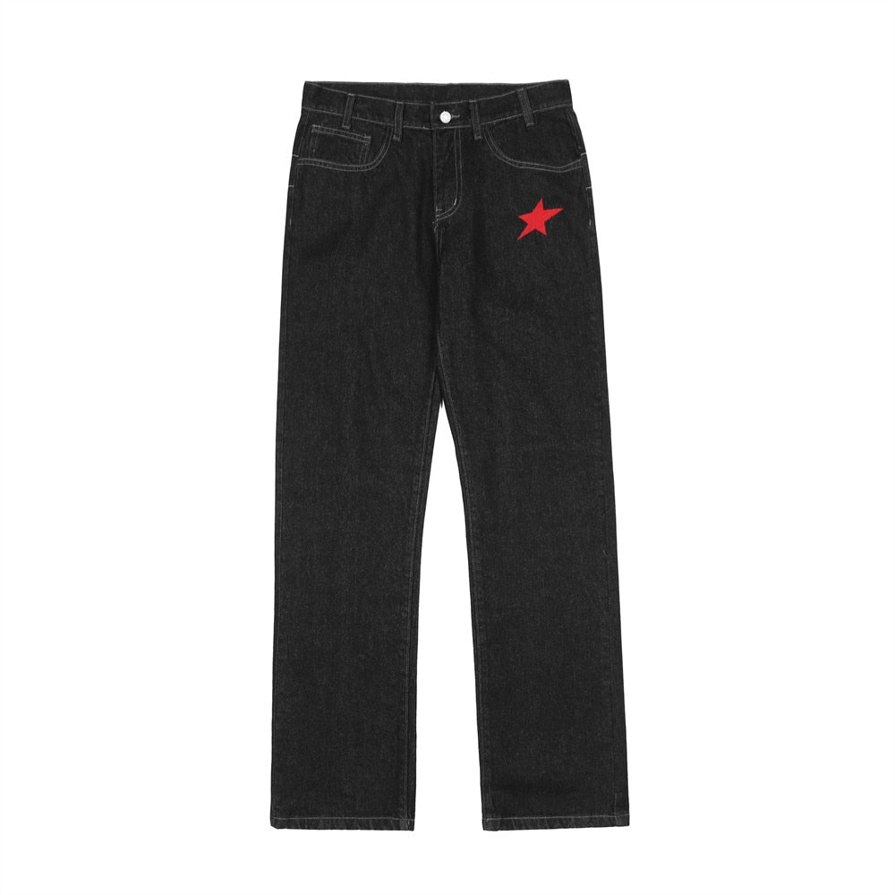 Stars Embroidery Washed Mens Trousers Straight Loose Jean Pants