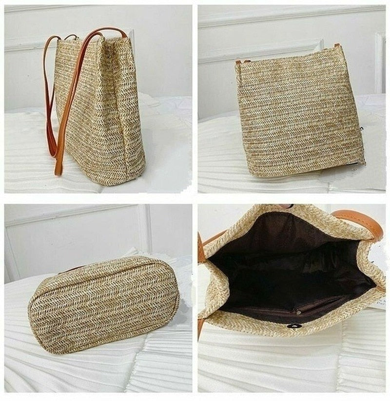 Women Handbag Beach Bag Woven Handmade Knitted Straw Totes Shoulder Bag