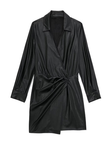 Women Faux Leather Folds Shirt Style Dresses Long Sleeve Mini Dress