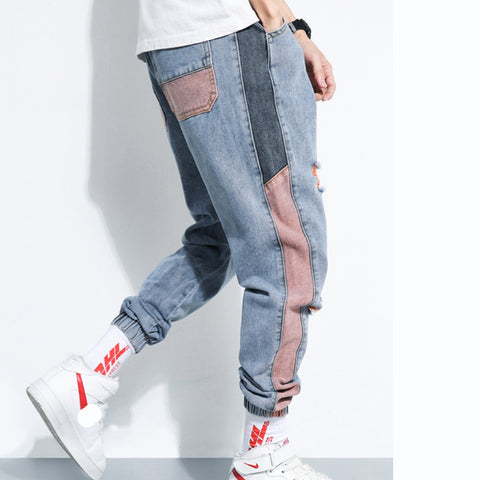 Shattered Jeans Men Contrast Jean Pants Men Loose Hip Hop Trousers