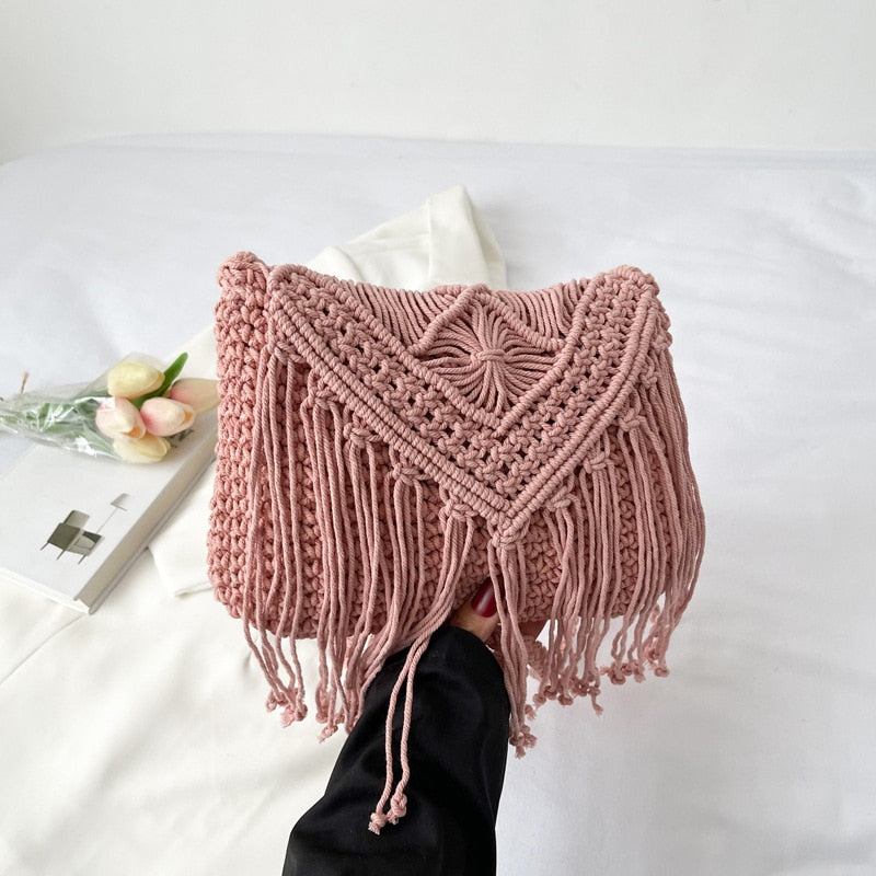 Tassel Straw Bag Women Handmade Woven Shoulder Bag