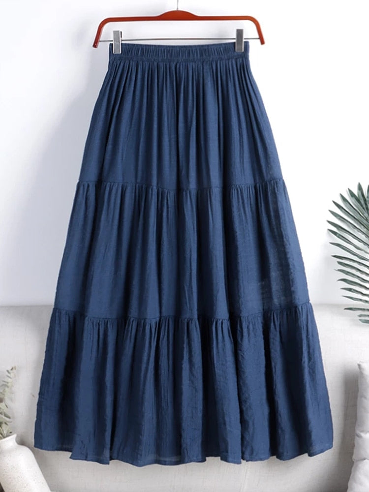 Maxi Skirt Woman A-Line Skirts Minimalist Cotton Linen Pleated Skirts