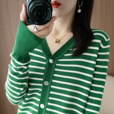 V-Neck Striped Knitted Cardigan Women Loose Long-Sleeved Sweater