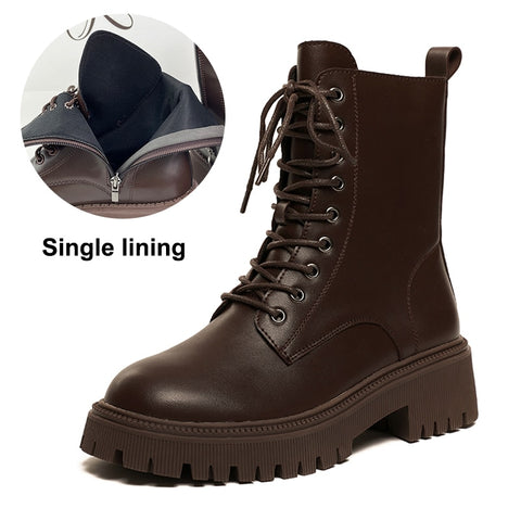 Brown Pu Leather Ankle Boots for Women Short Plush Motorcycle Boots