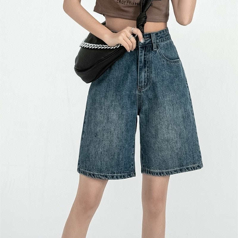 Knee-length Denim Shorts Women High Waist Wide Leg Jeans