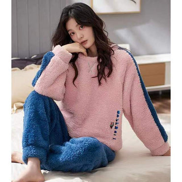 Coral Velvet Pajamas Sets Women Thick Flannel Sleepwear Round Neck Loose
