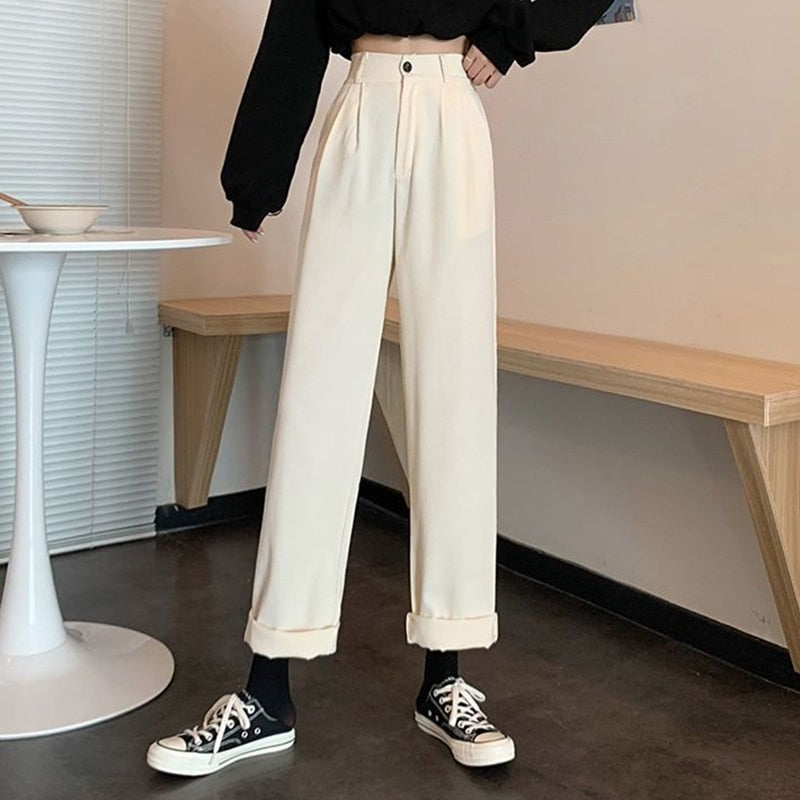 Leg Straight Pants Women High Waisted Warm Trousers Woman Loose