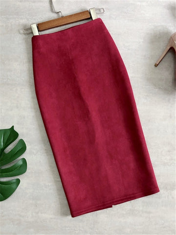 Women's Suede Sheath Midi Skirts High Waist Chic Wrap Skirt Back Split Pencil Skirt