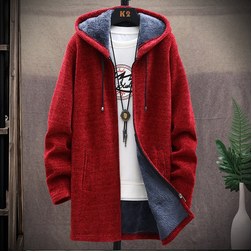 Men Thicken Fleece Cardigan Jacket Slim Sweaters Long Hooded Sweater Warm Coats