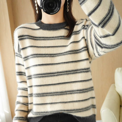 Round Neck Sweater Women Contrast Bottoming Loose Knit Pullover Coat