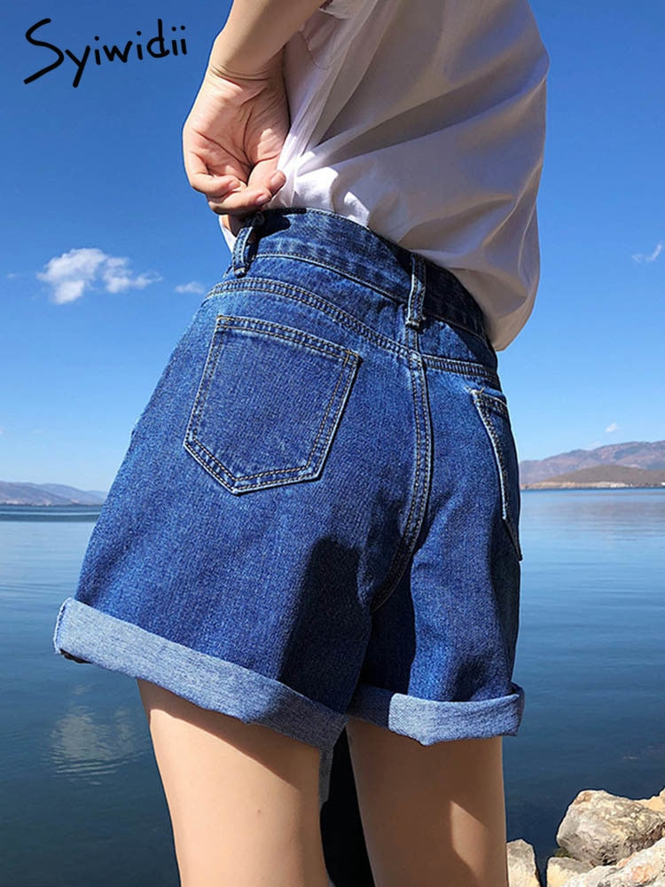 Women Shorts Hippie Button High Waist Short Wide Legs Jean Shorts