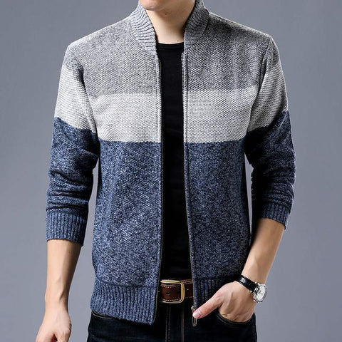 Men Cardigan Keep Warm Knit Sweater Stitching Stand Collar Zipper Coats Jackets
