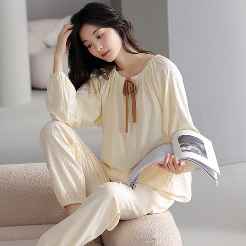 Pajamas Women Round Neck Long Sleeved Trousers Loose Cotton Suit