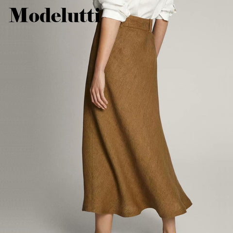 High Waist Linen Midi Skirt Women Solid Color Simple Casual Bottoms