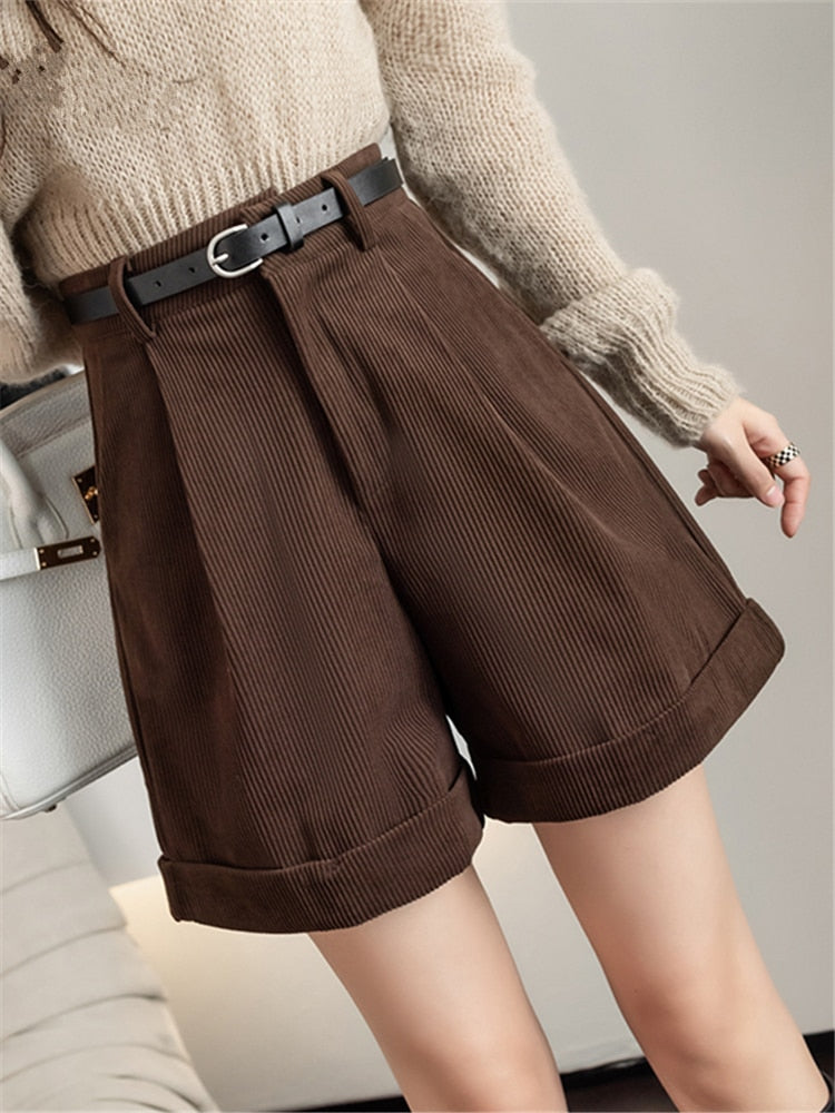 Women Shorts with Belted High Waist Wide Leg Shorts Trousers