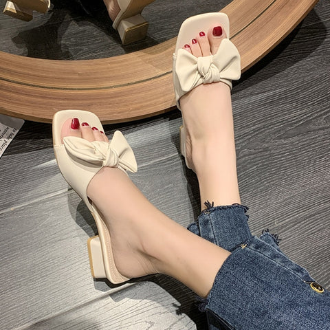 Bowknot Slippers Women Low Heels Square Toe Slides Square Heels