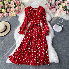 Fashion Cherry Print Women Dress Vintage Slim Waist