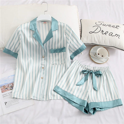 Silk Pajamas Women Suit Heart Embroidered Satin Nightwear Sleepwear