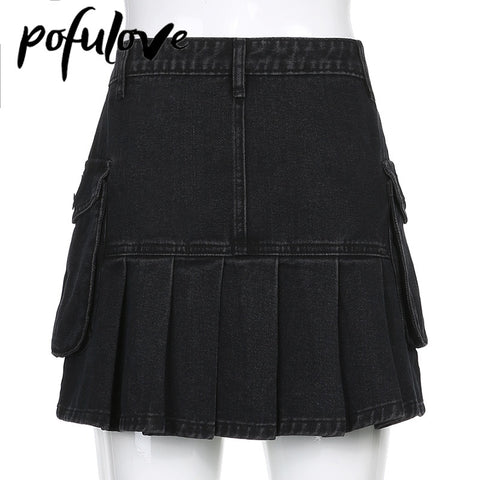 Jeans Mini Skirt Goth Denim Pleated Skirts with Big Pockets Women High Waist