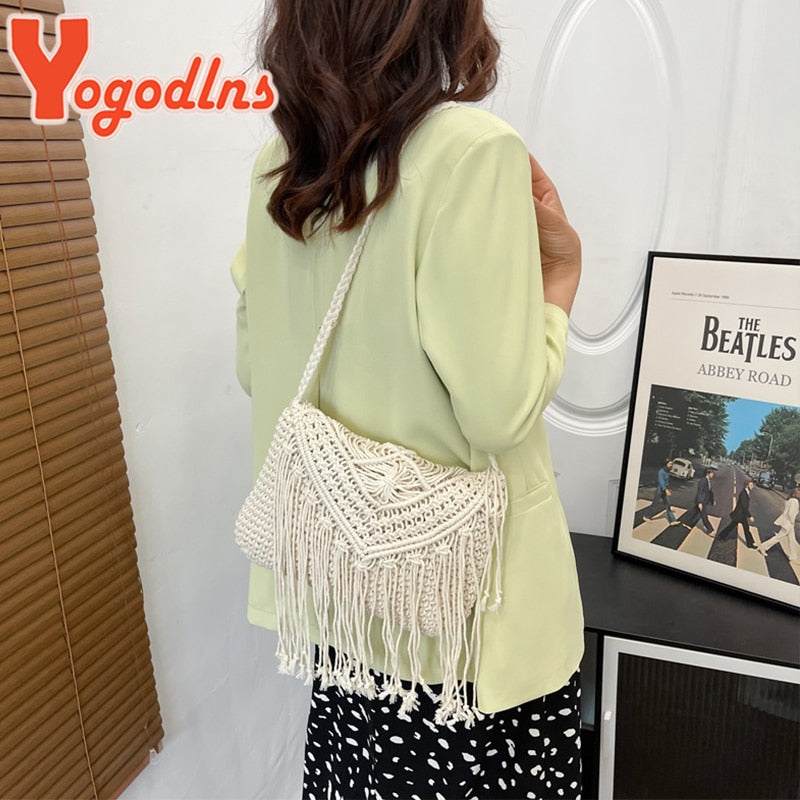 Tassel Straw Bag Women Handmade Woven Shoulder Bag