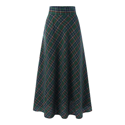Women Sundress Check Skirts Casual High Wasit Maxi Skirt A-line Plaid