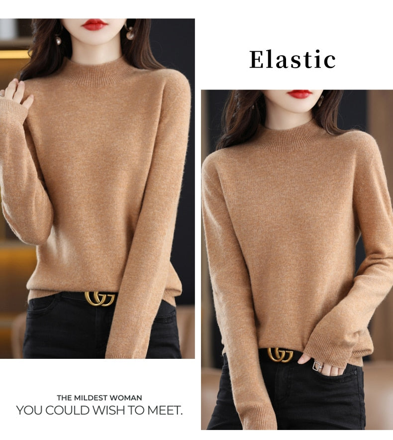 Seamless Half Turtleneck Knitted Sweater Women Long-Sleeved Sweater