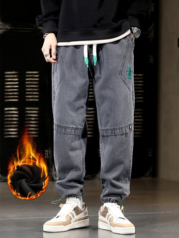 Men Jeans Fleece Lined Thick Warm Black Joggers Thermal