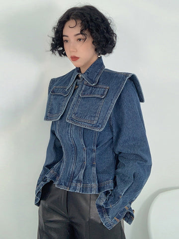 Loose Fit Blue Pocket Denim Jacket Lapel Long Sleeve Women Coat