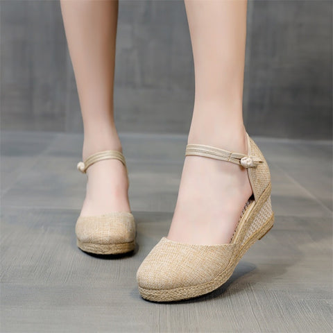 Women Sandals Linen Clogs Wedge High Heel Platform