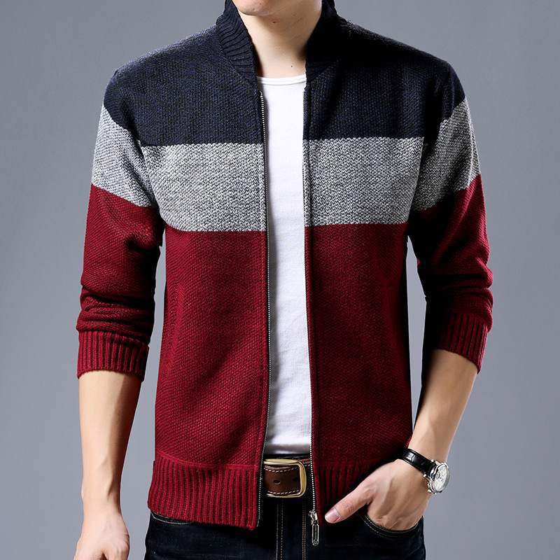 Men Cardigan Keep Warm Knit Sweater Stitching Stand Collar Zipper Coats Jackets