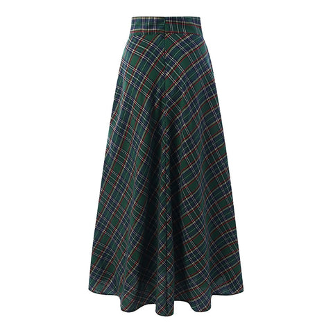 Women Sundress Check Skirts Casual High Wasit Maxi Skirt A-line Plaid