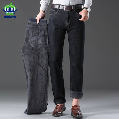 Fleece Men's Jeans Thick Stretch Denim Jean Straight Trousers
