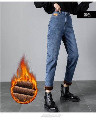 High Waist Warm Jeans Women Loose Velvet Pants Trousers