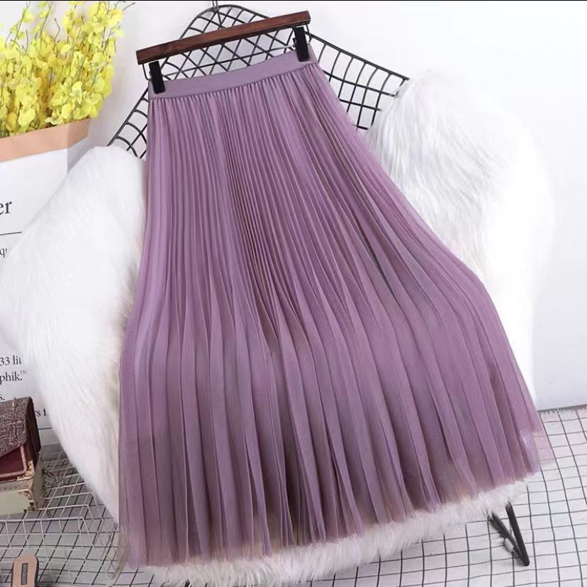 Tulle Long Skirt Women Pleated Skirt Elegant A-line High Quality Vintage Bottom