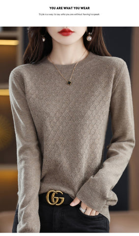 Women Wool Sweater Round Neck Hollow Diamond Comfortable