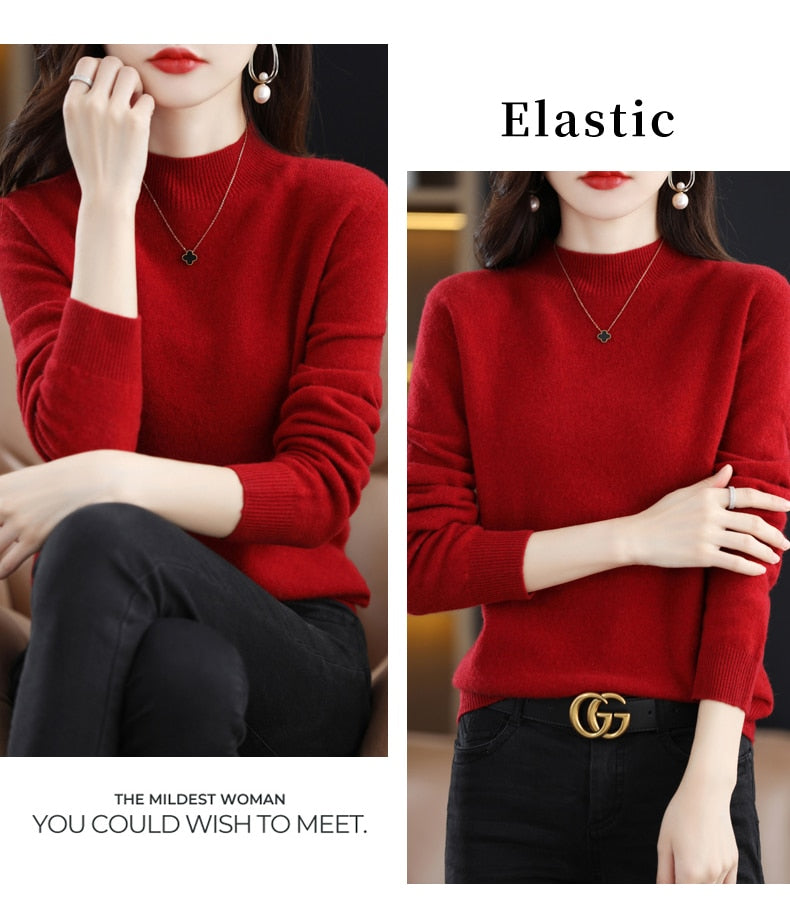 Seamless Half Turtleneck Knitted Sweater Women Long-Sleeved Sweater