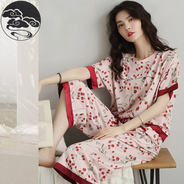 Knitted Cotton Floral Pajamas Set Women Sleepwear Nightwear
