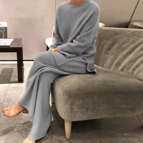 Winter Solid Women Knitted Soft O-Neck Pullover Tops + Pants