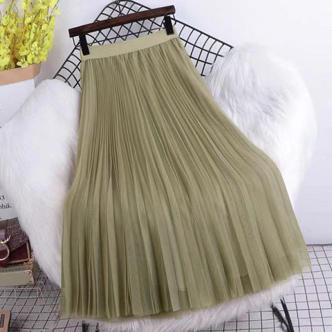 Tulle Long Skirt Women Pleated Skirt Elegant A-line High Quality Vintage Bottom