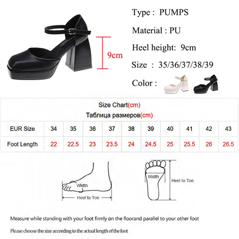Ankle Strap Platform Pumps Women Square Toe Shoes Goth Thick High Heels