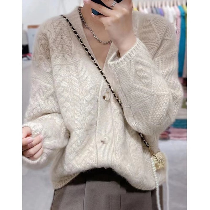 Heavy and thick twist flower V-neck knitted cardigan women loose sweater