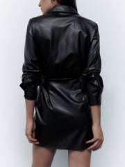 Women Faux Leather Folds Shirt Style Dresses Long Sleeve Mini Dress