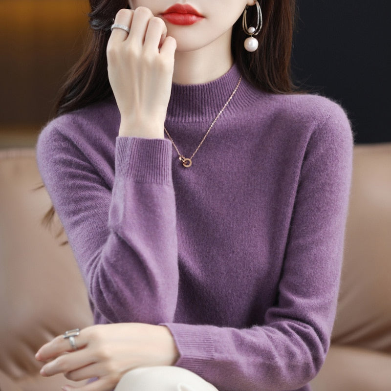 Seamless Half Turtleneck Knitted Sweater Women Long-Sleeved Sweater