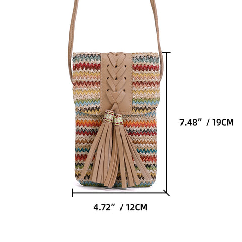 Handmade Woven Straw Crossbody Shoulder Bag Mini Mobile Phone Purse Coin Purse