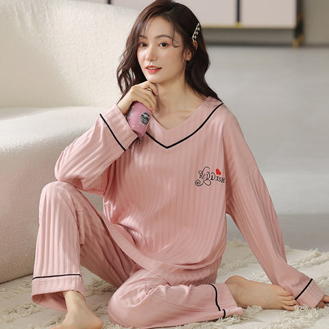Knitted Cotton Floral Pajamas Set Women Sleepwear Nightwear