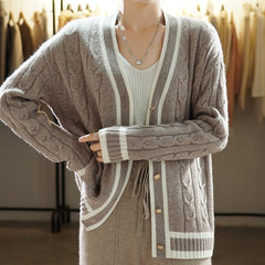 Boutique New V-Neck Cardigan Women Loose Sweater Wool Coat