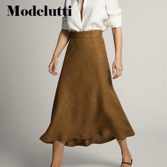High Waist Linen Midi Skirt Women Solid Color Simple Casual Bottoms