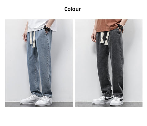 Men Jeans Soft Drawstring Straight Pants Waist Trousers
