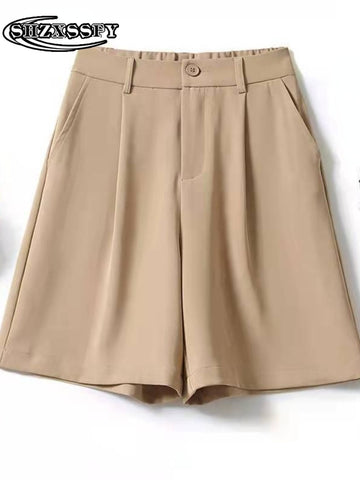 Shorts Women High Waist Button Pockets Straight Knee-Length Pants