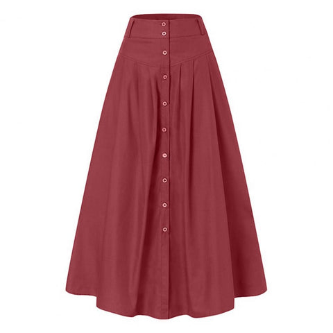 Women Skirt High Waist Button Decor A-line Maxi Skirt